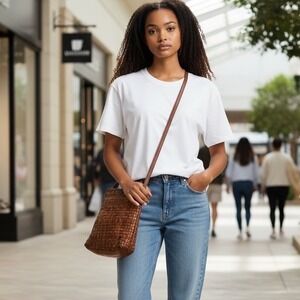 Vilenca Holland Woven Leather Crossbody Bag Cognac Brown Messenger Purse